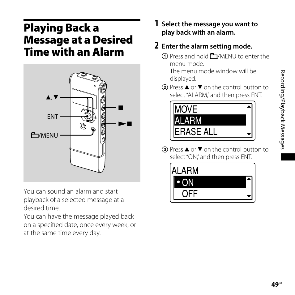 Playing back a message at a desired, Time with an alarm | Sony CD-UX71 User Manual | Page 49 / 116