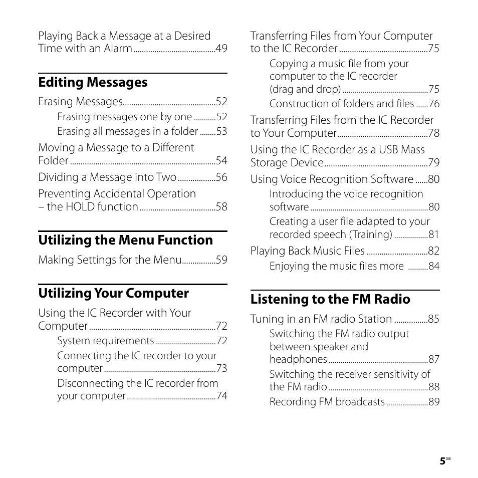 Editing messages, Utilizing the menu function, Utilizing your computer | Listening to the fm radio | Sony CD-UX71 User Manual | Page 5 / 116