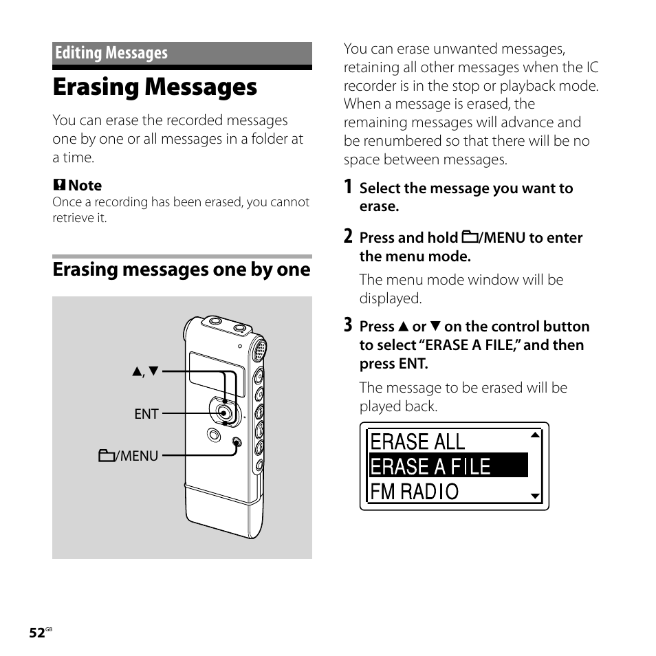 Editing messages, Erasing messages, Erasing messages one by one | Sony CD-UX71 User Manual | Page 52 / 116