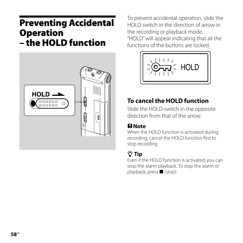 Preventing accidental operation, The hold function | Sony CD-UX71 User Manual | Page 58 / 116