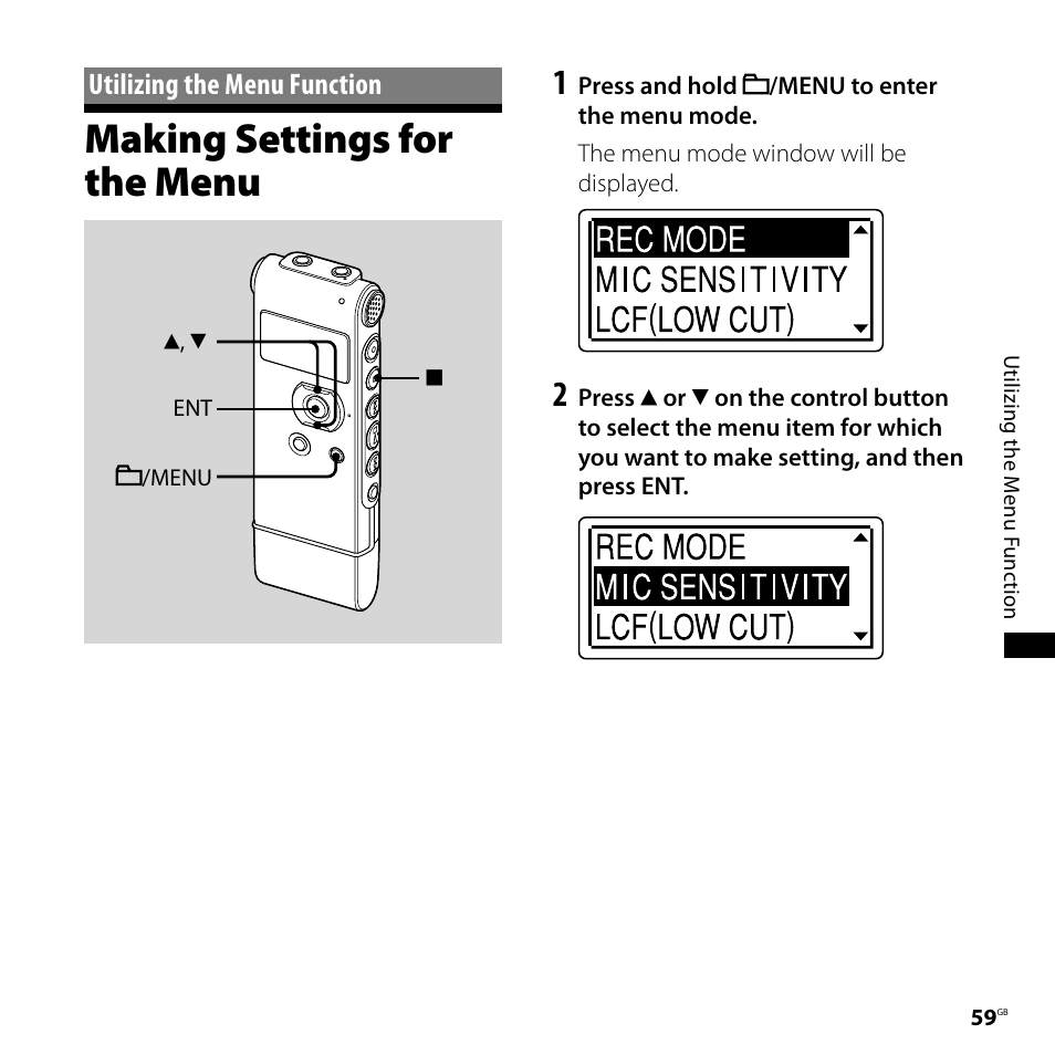 Utilizing the menu function, Making settings for the menu | Sony CD-UX71 User Manual | Page 59 / 116