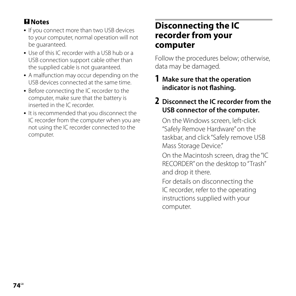 Disconnecting the ic recorder from your computer, Disconnecting the ic recorder from, Your computer | Sony CD-UX71 User Manual | Page 74 / 116