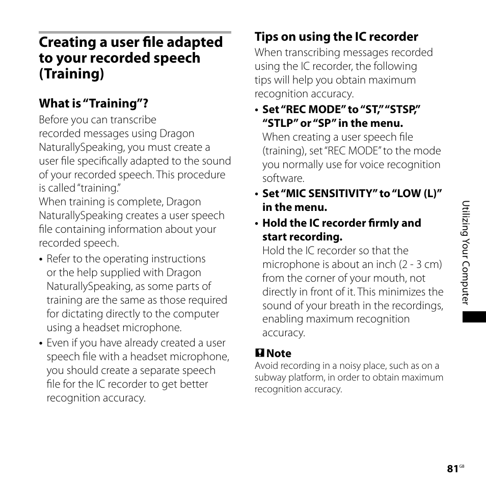 Creating a user file adapted to your, Recorded speech (training), What is “training | Tips on using the ic recorder | Sony CD-UX71 User Manual | Page 81 / 116