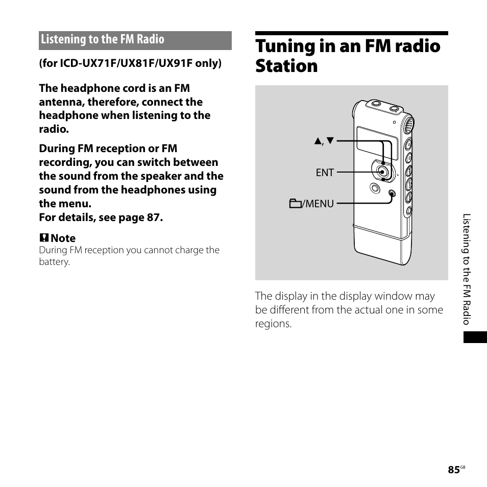 Listening to the fm radio, Tuning in an fm radio station | Sony CD-UX71 User Manual | Page 85 / 116