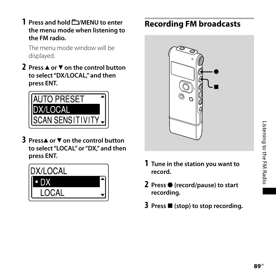 Recording fm broadcasts | Sony CD-UX71 User Manual | Page 89 / 116