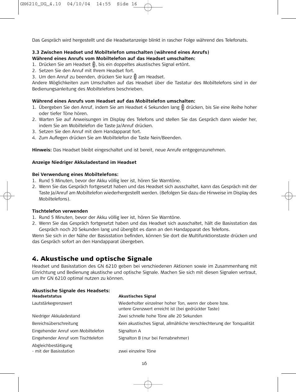 Akustische und optische signale | Sony FR 20 User Manual | Page 16 / 37