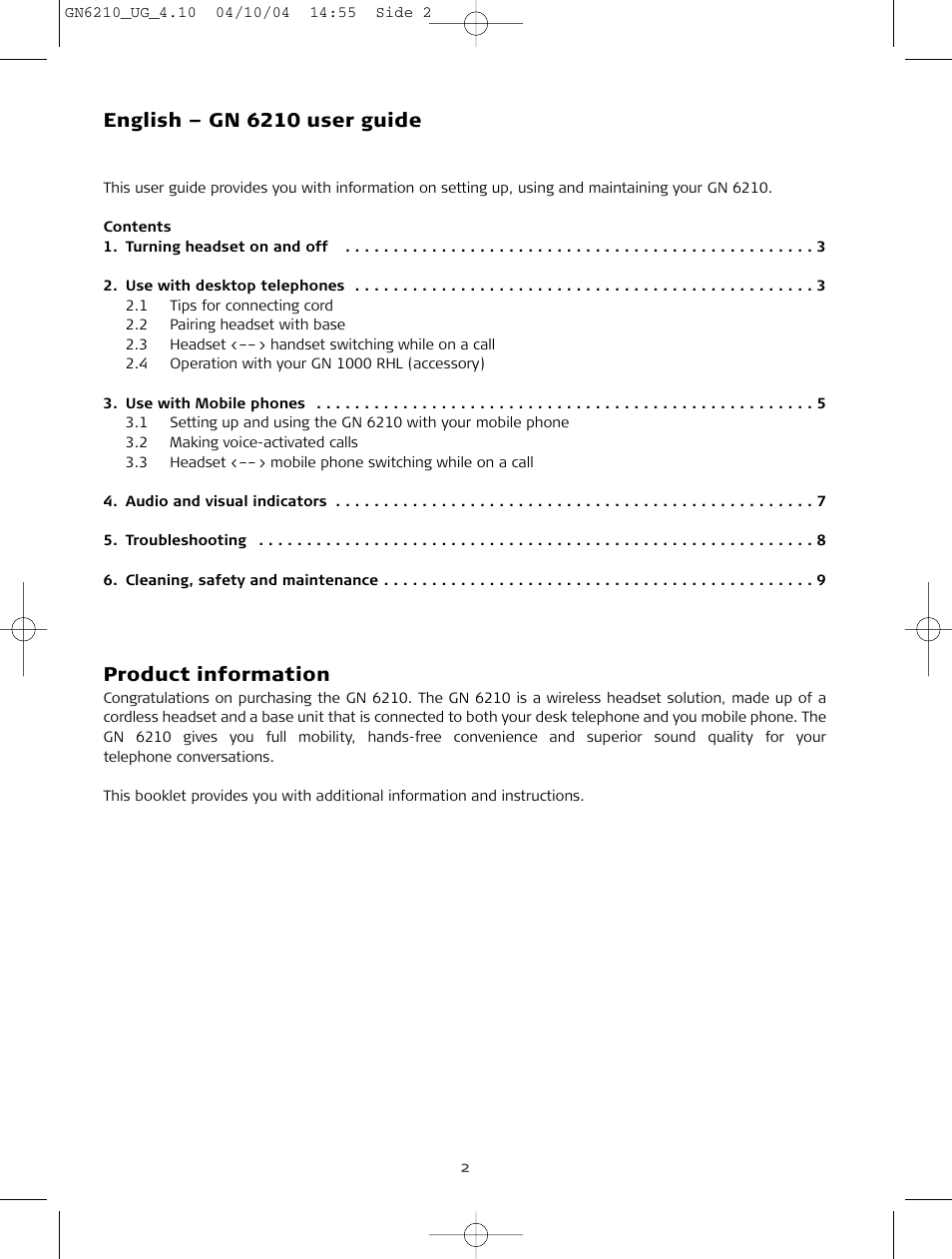 User guide, English – gn 6210 user guide, Product information | Sony FR 20 User Manual | Page 2 / 37