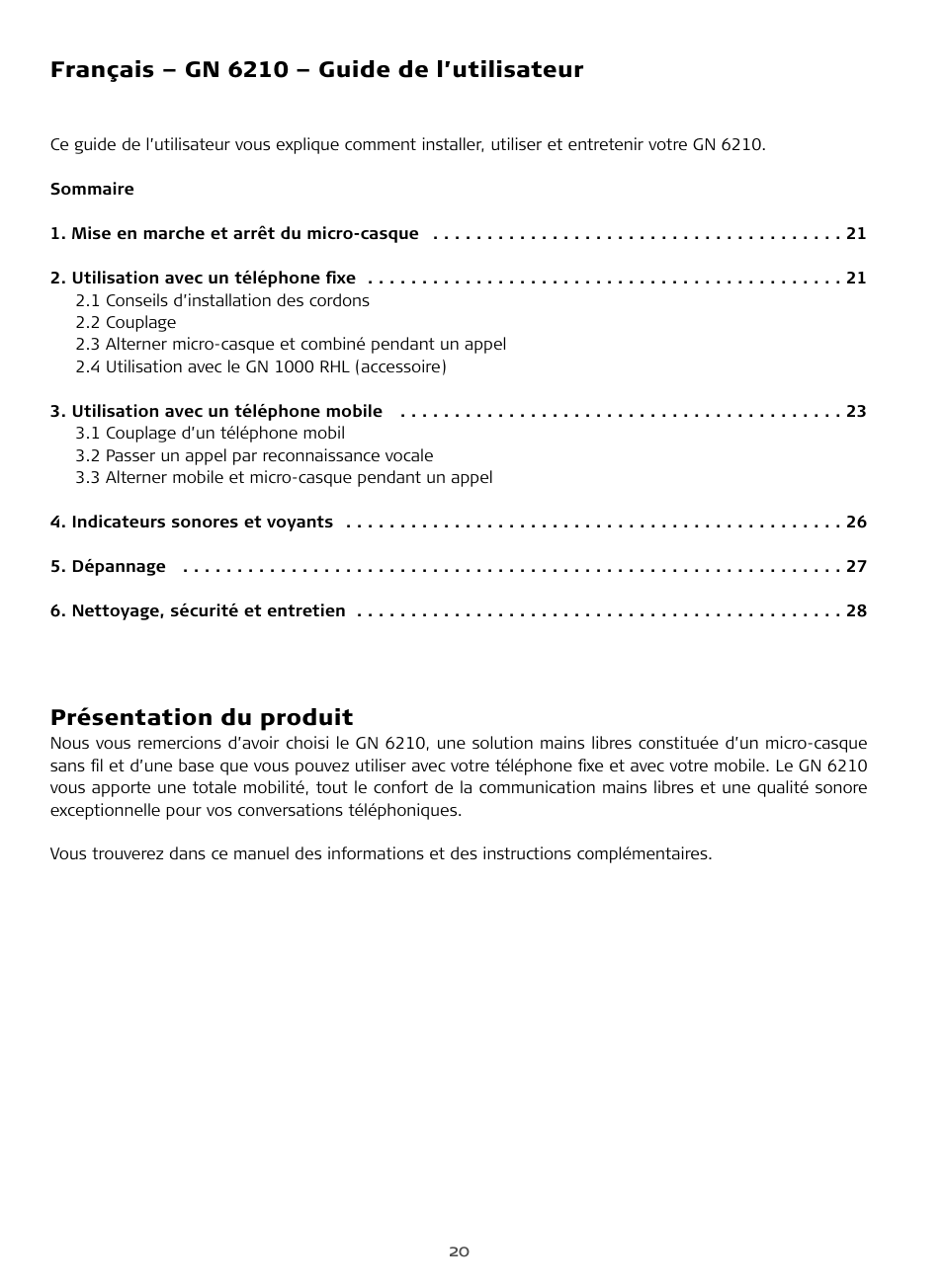 Guide de l’utilisateur, Français – gn 6210 – guide de l’utilisateur, Présentation du produit | Sony FR 20 User Manual | Page 20 / 37