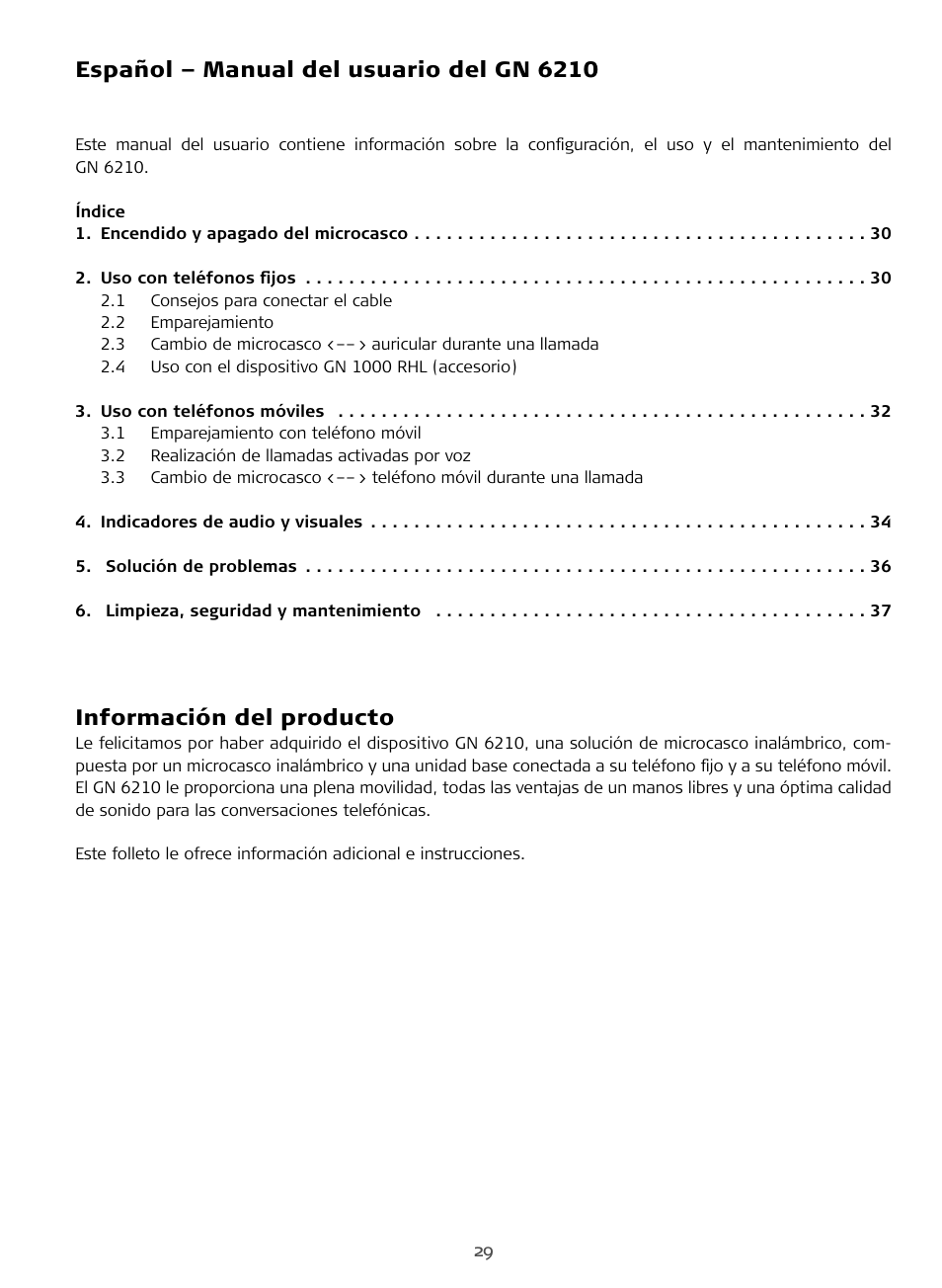 Manual del usuario, Español – manual del usuario del gn 6210, Información del producto | Sony FR 20 User Manual | Page 29 / 37