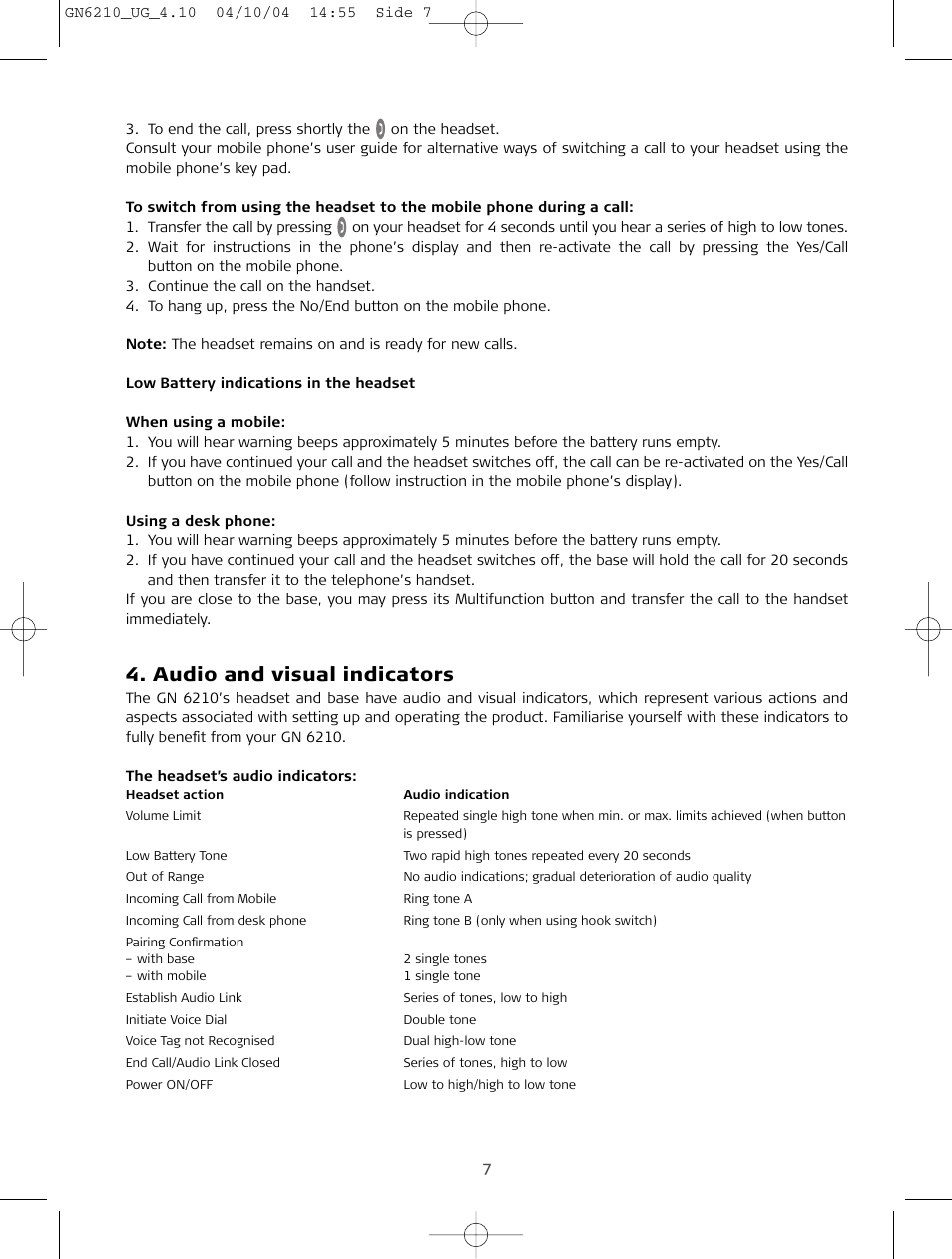Audio and visual indicators | Sony FR 20 User Manual | Page 7 / 37