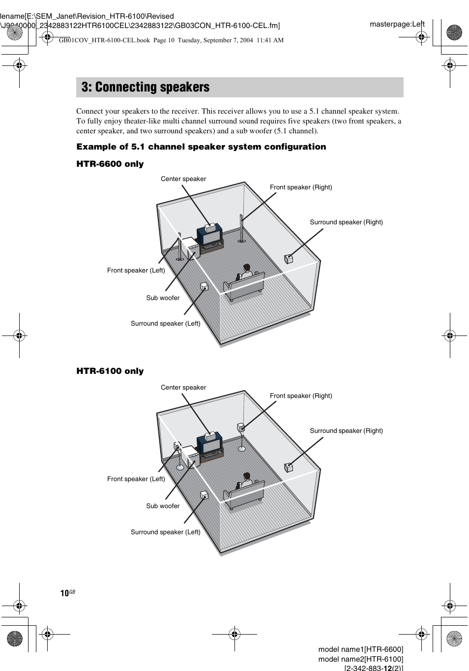 Connecting speakers | Sony HTR-6100 User Manual | Page 10 / 40
