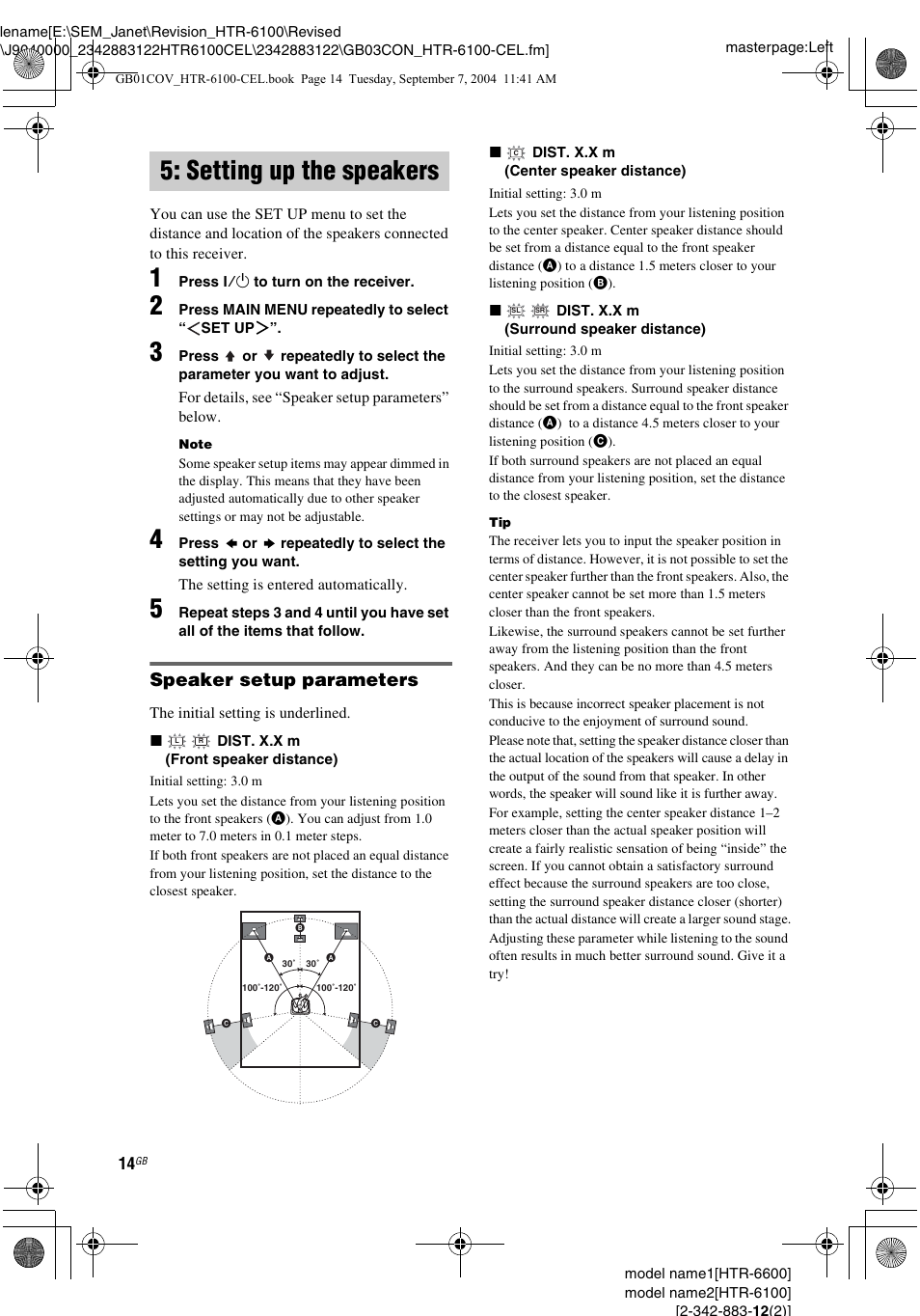 Setting up the speakers, Speaker setup parameters | Sony HTR-6100 User Manual | Page 14 / 40