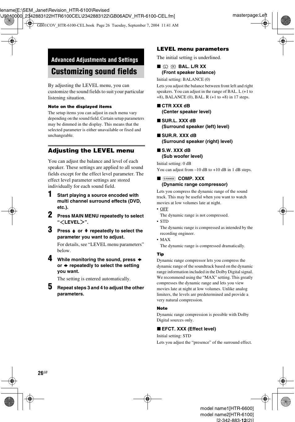 Advanced adjustments and settings, Customizing sound fields, Adjusting the level menu | Sony HTR-6100 User Manual | Page 26 / 40