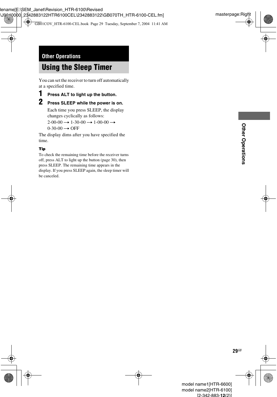 Other operations, Using the sleep timer | Sony HTR-6100 User Manual | Page 29 / 40
