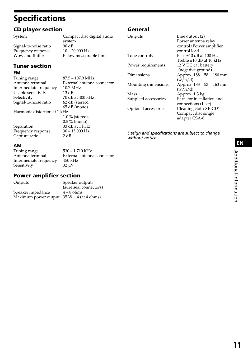 Specifications, General | Sony CDX-3170 User Manual | Page 11 / 28