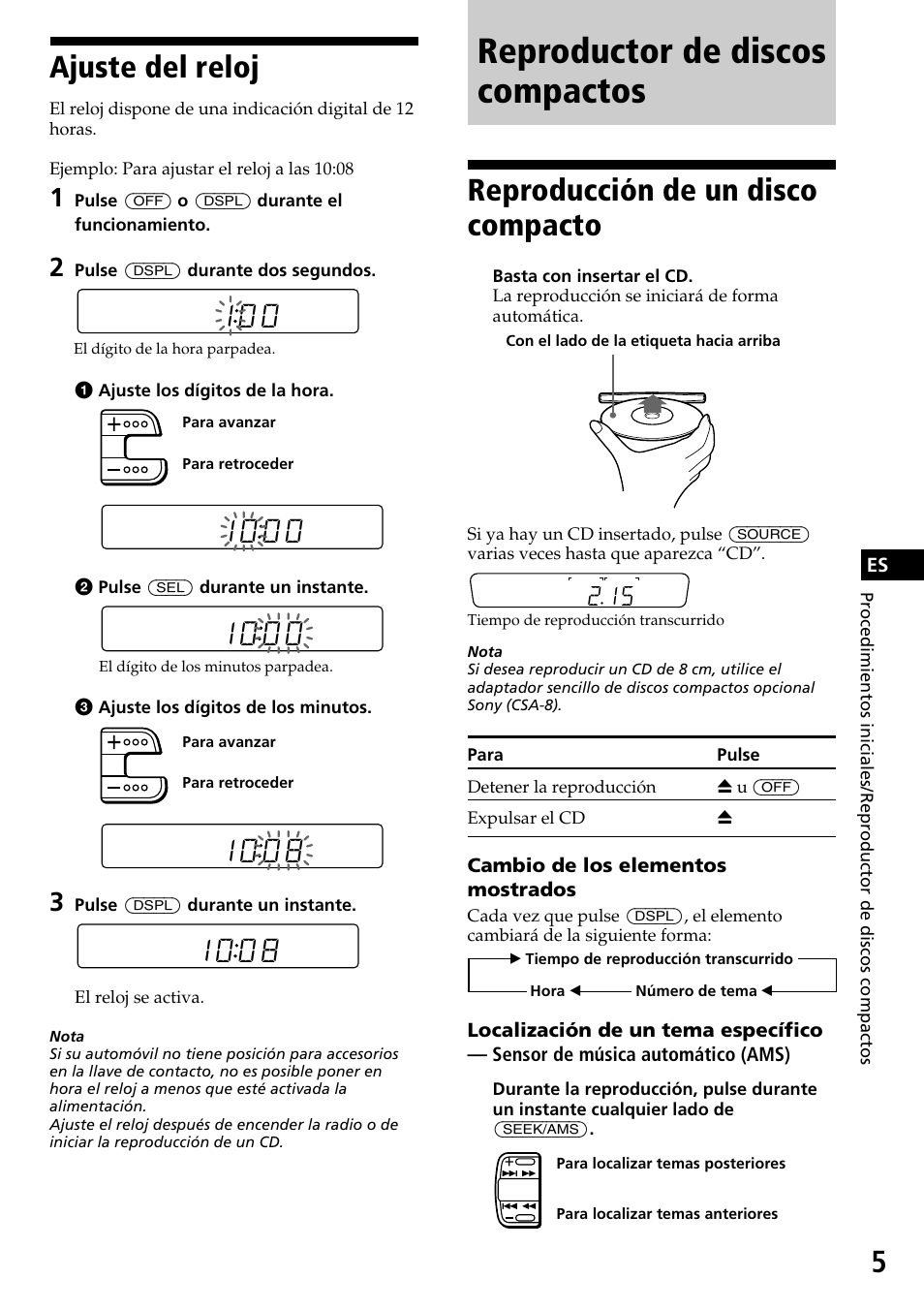 Reproductor de discos compactos, Ajuste del reloj, Reproducción de un disco compacto | Sony CDX-3170 User Manual | Page 17 / 28