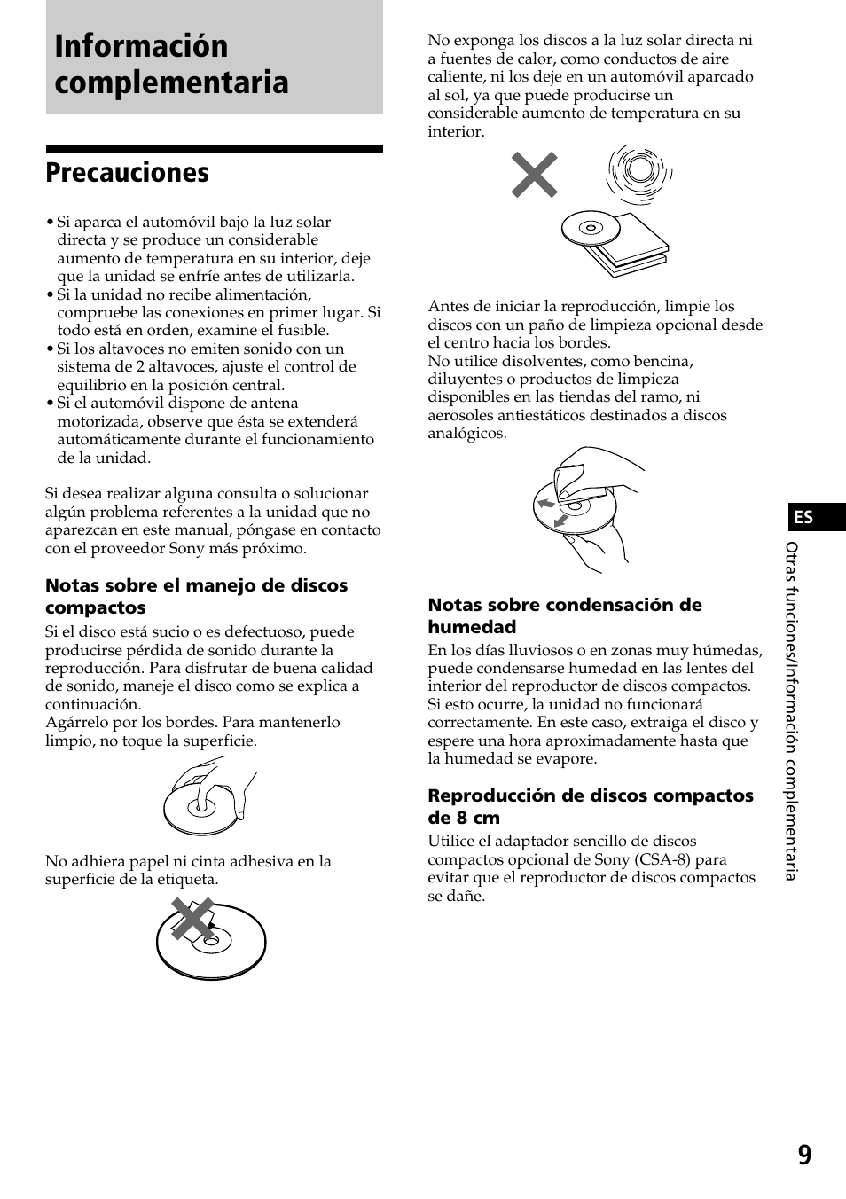Información complementaria, Precauciones | Sony CDX-3170 User Manual | Page 21 / 28