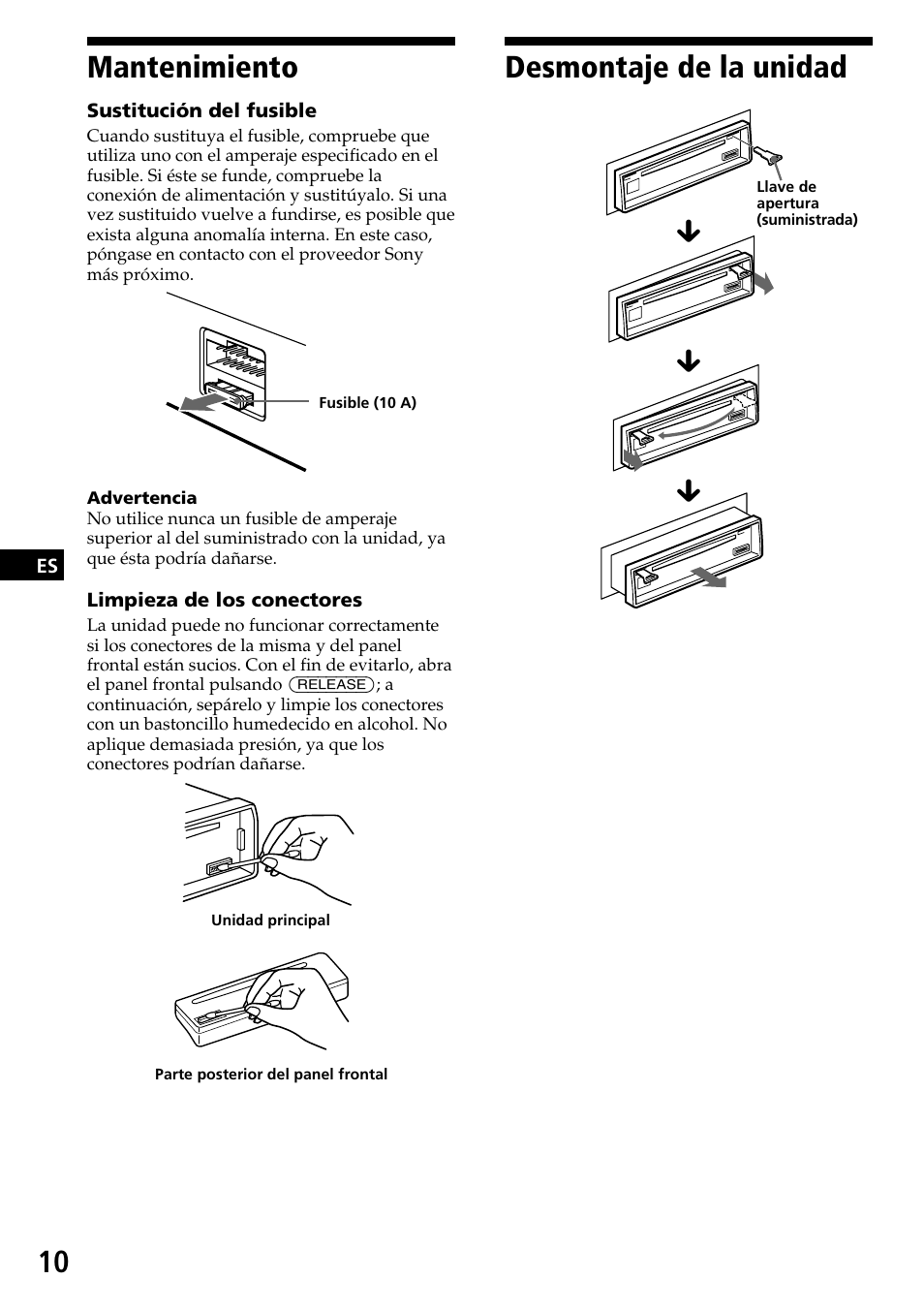 Mantenimiento, Desmontaje de la unidad | Sony CDX-3170 User Manual | Page 22 / 28