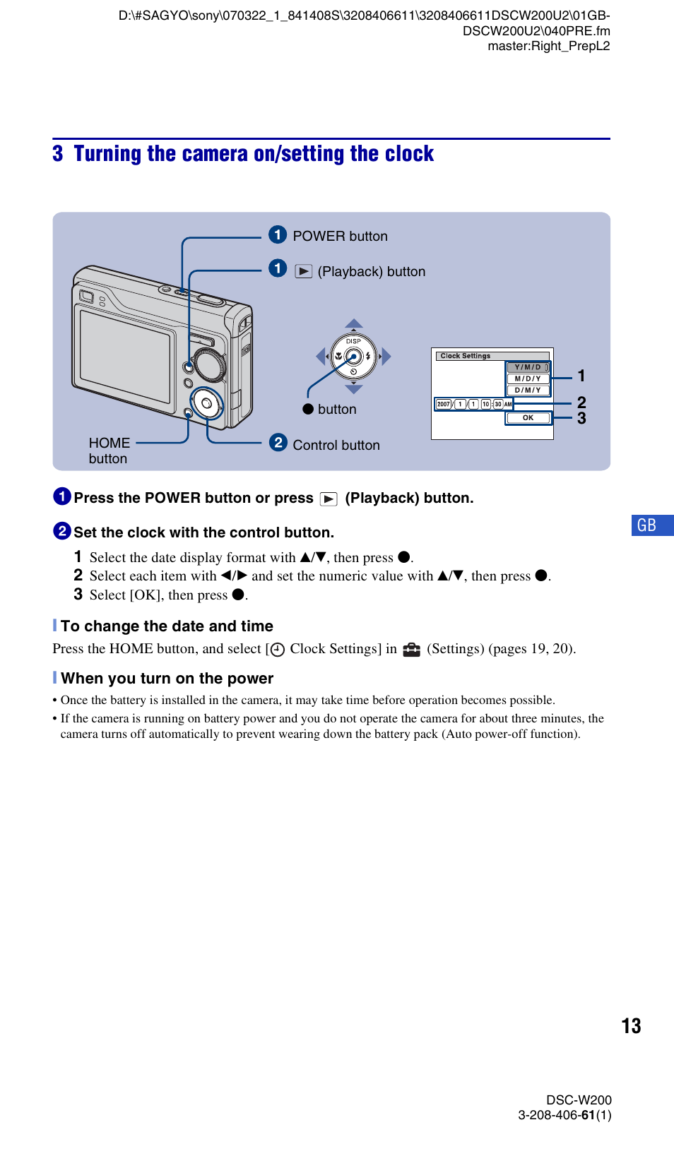 3 turning the camera on/setting the clock | Sony DSC-W200 User Manual | Page 13 / 64