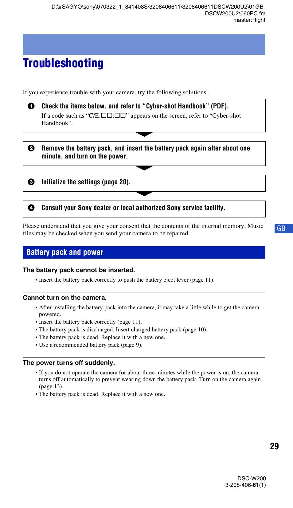 Troubleshooting, Battery pack and power | Sony DSC-W200 User Manual | Page 29 / 64