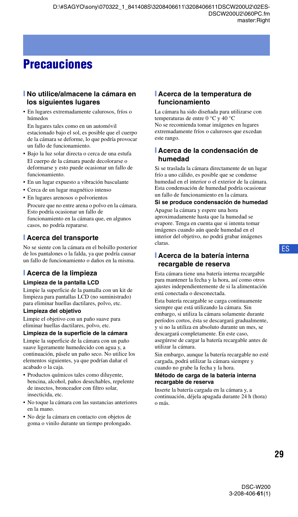 Precauciones | Sony DSC-W200 User Manual | Page 61 / 64