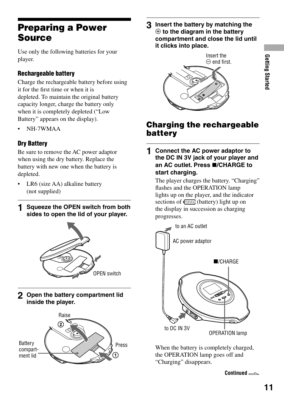Preparing a power source, Charging the rechargeable battery | Sony Atrac3/MP3 CD Walkman D-NE520 User Manual | Page 11 / 35