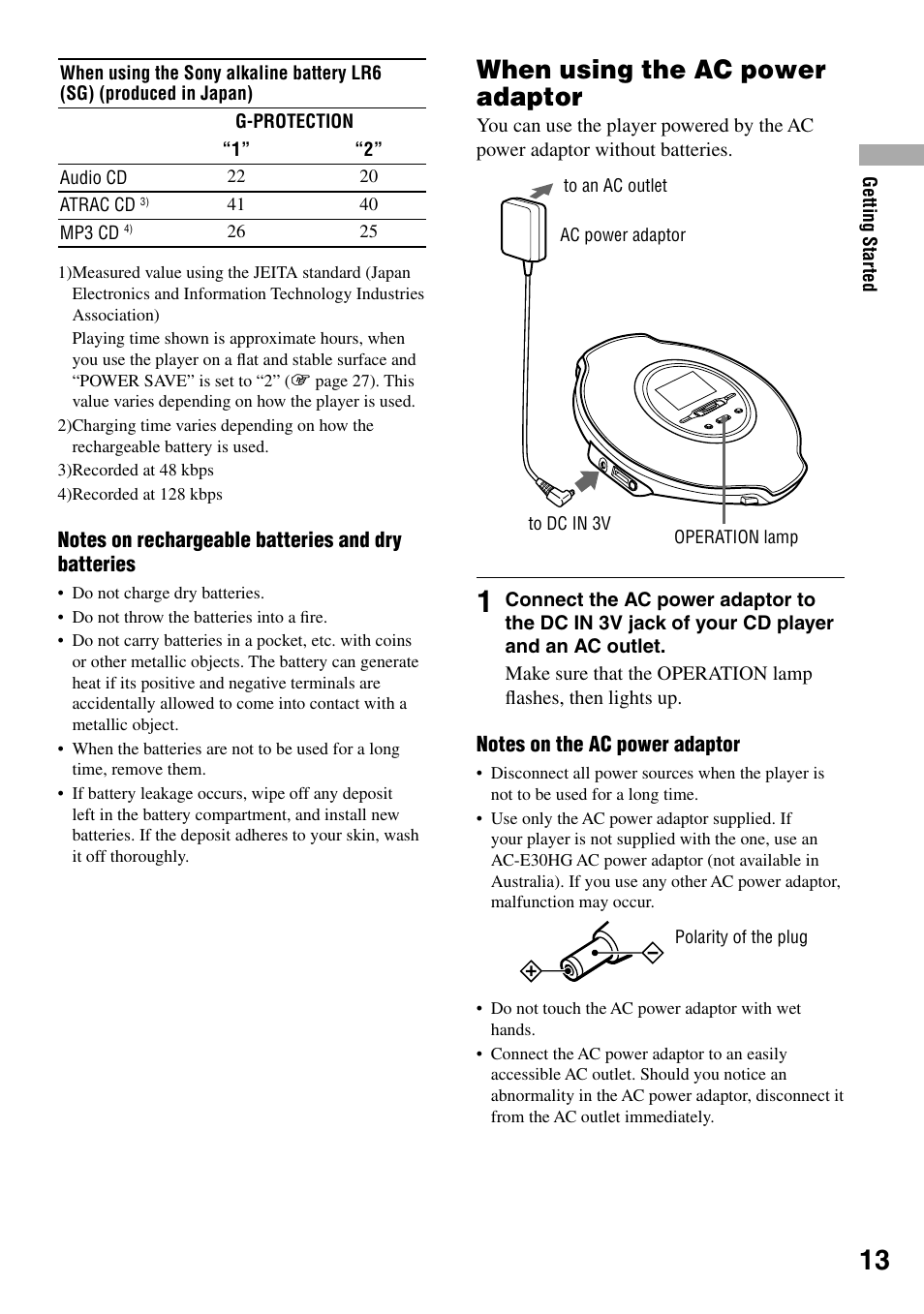 When using the ac power adaptor | Sony Atrac3/MP3 CD Walkman D-NE520 User Manual | Page 13 / 35
