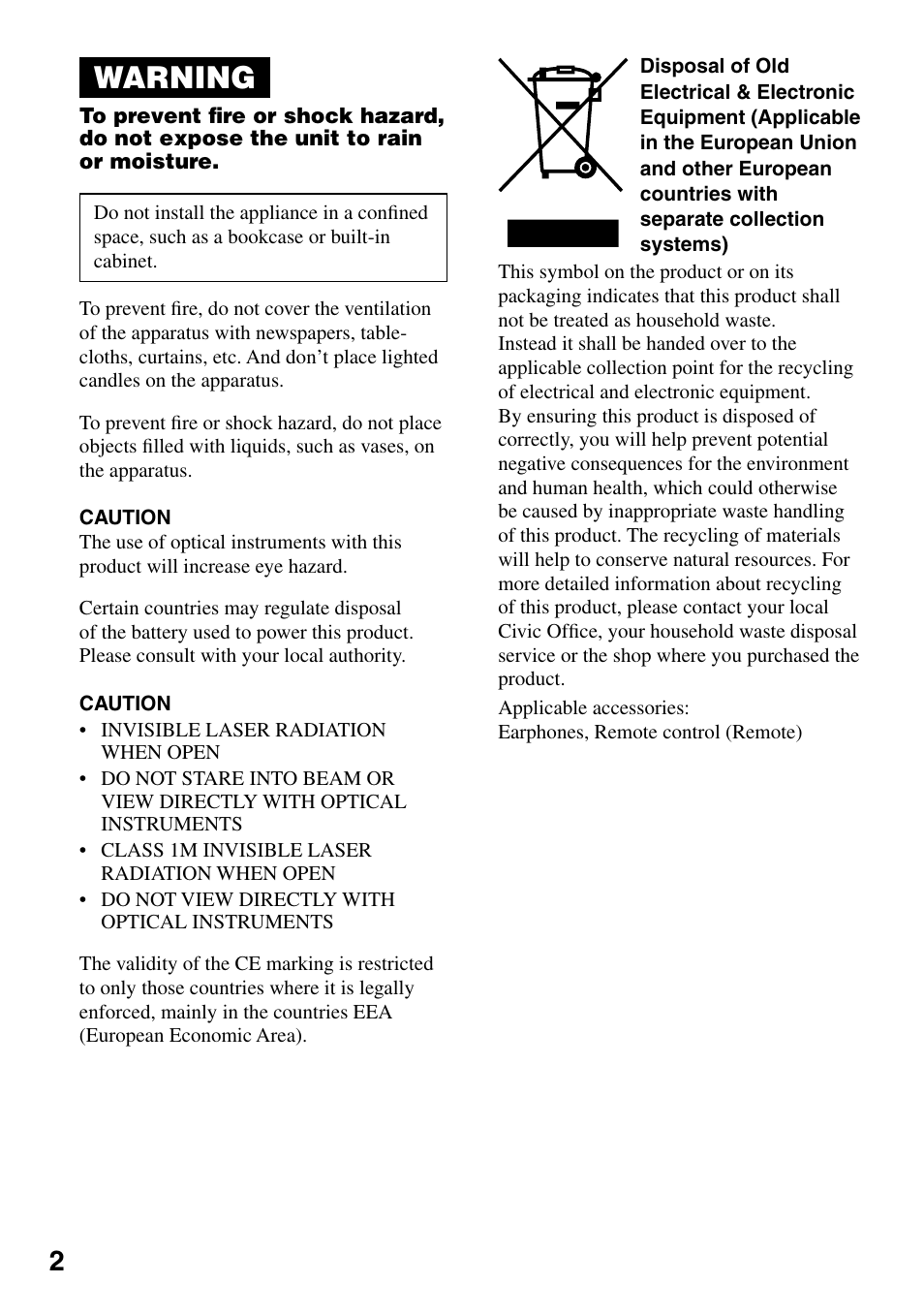 Warning | Sony Atrac3/MP3 CD Walkman D-NE520 User Manual | Page 2 / 35