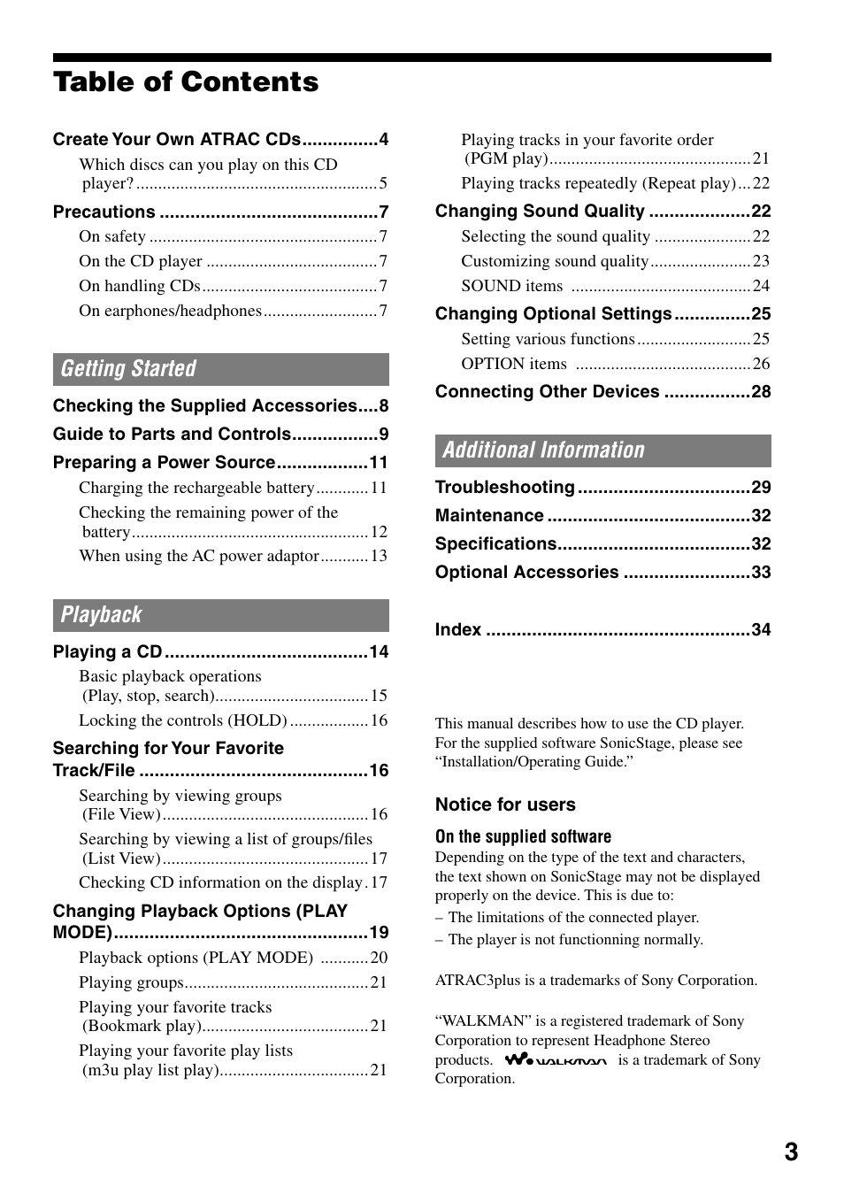 Sony Atrac3/MP3 CD Walkman D-NE520 User Manual | Page 3 / 35