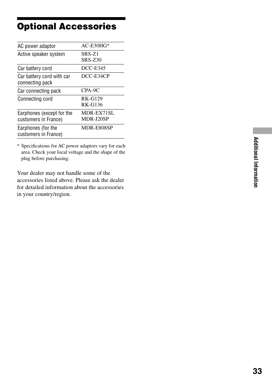 Optional accessories | Sony Atrac3/MP3 CD Walkman D-NE520 User Manual | Page 33 / 35