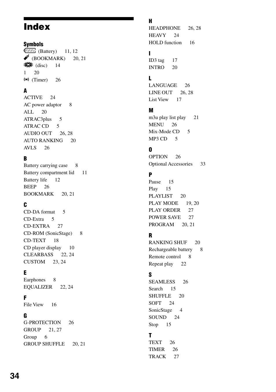 Index | Sony Atrac3/MP3 CD Walkman D-NE520 User Manual | Page 34 / 35