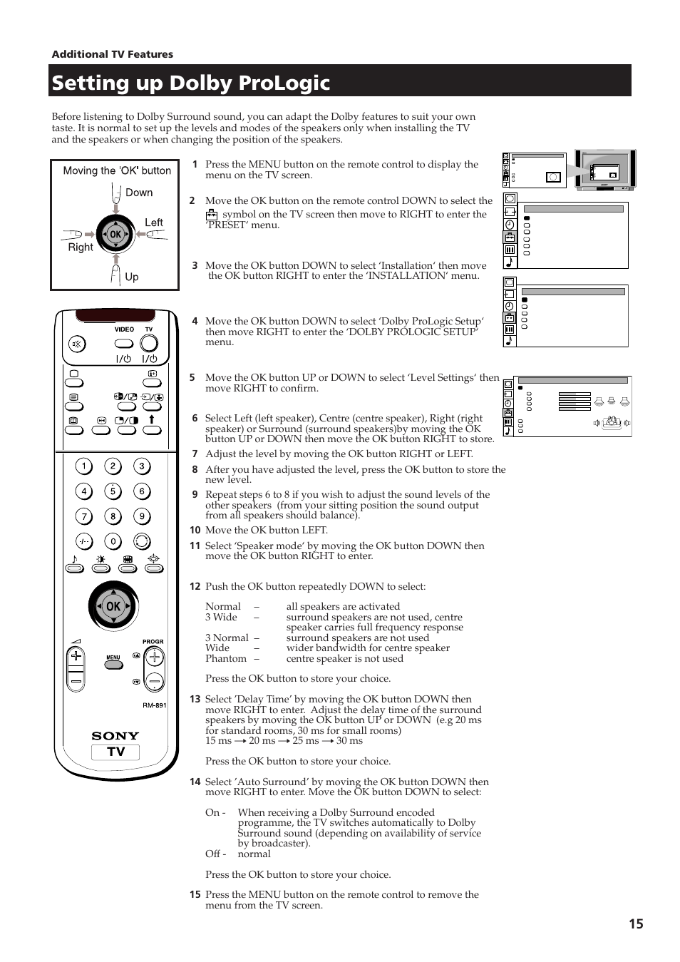 Setting up dolby prologic | Sony KV-28DS65U User Manual | Page 17 / 38