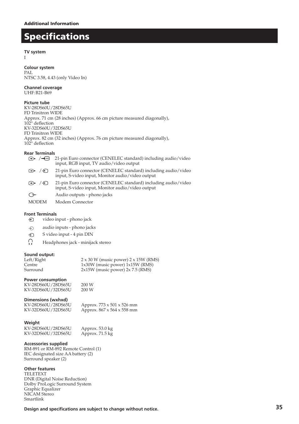 Specifications | Sony KV-28DS65U User Manual | Page 37 / 38