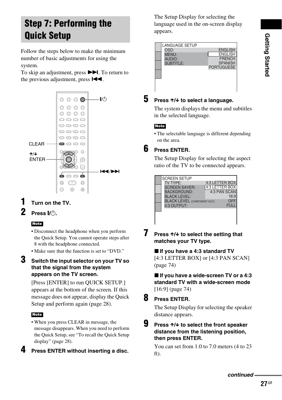 Step 7: performing the quick setup | Sony DAV-DX150 User Manual | Page 27 / 100