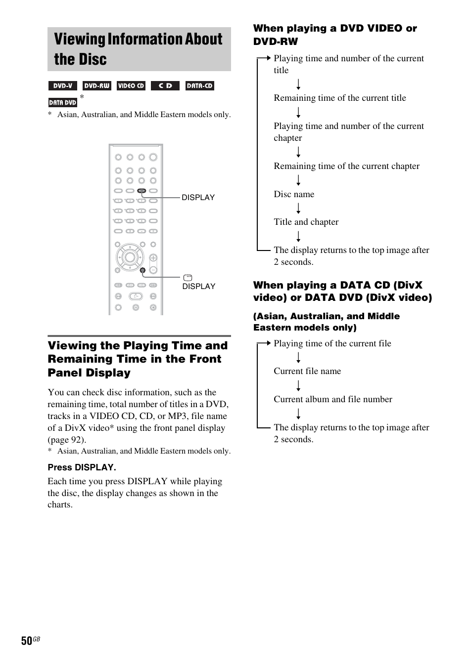 Viewing information about the disc | Sony DAV-DX150 User Manual | Page 50 / 100