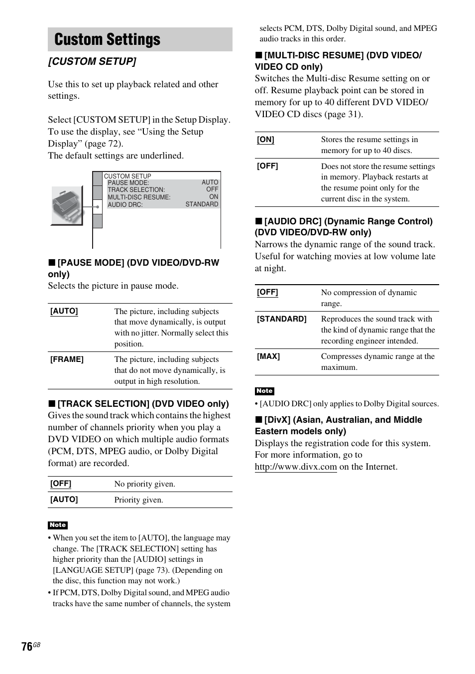 Custom settings, Custom setup | Sony DAV-DX150 User Manual | Page 76 / 100