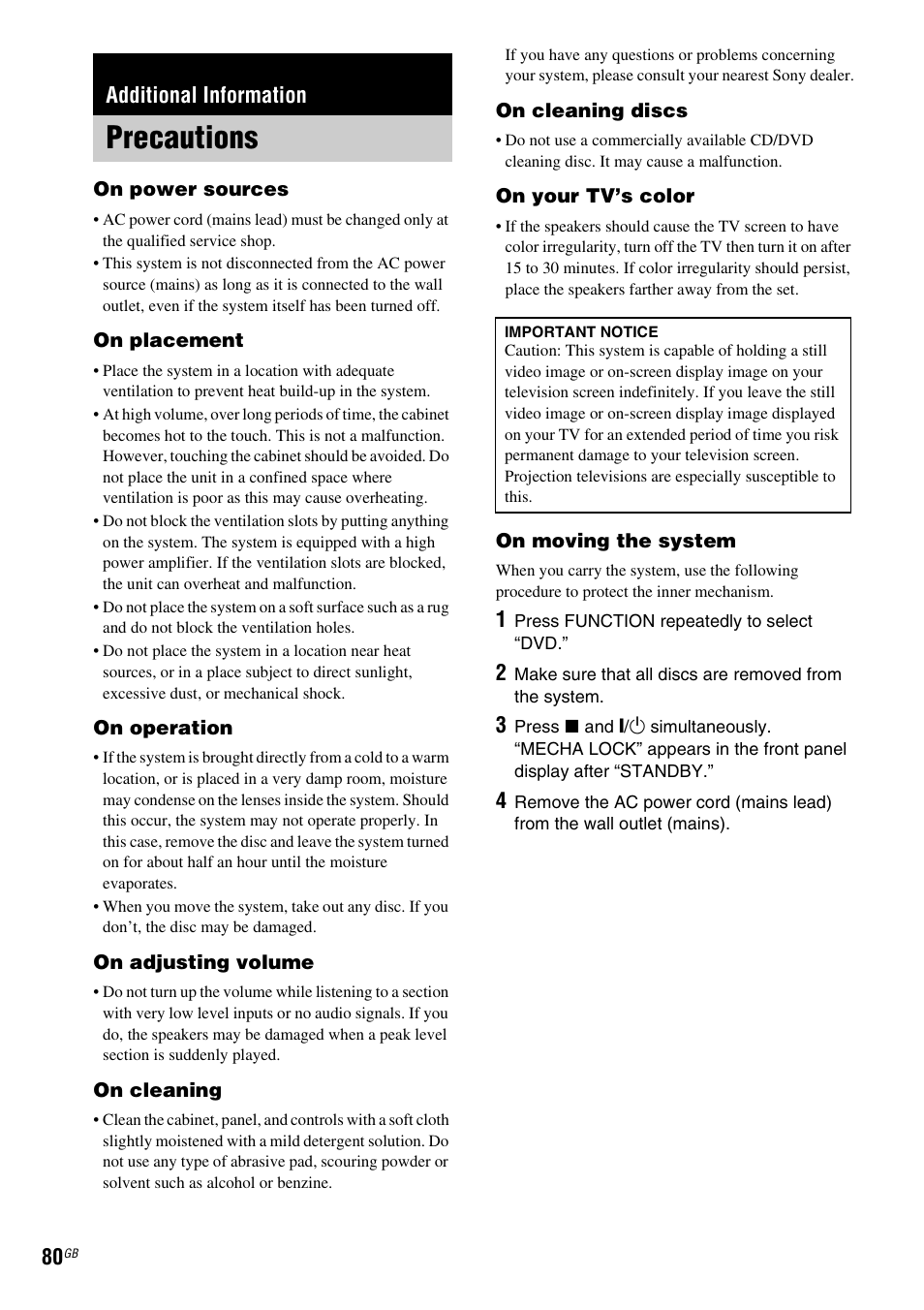 Additional information, Precautions | Sony DAV-DX150 User Manual | Page 80 / 100