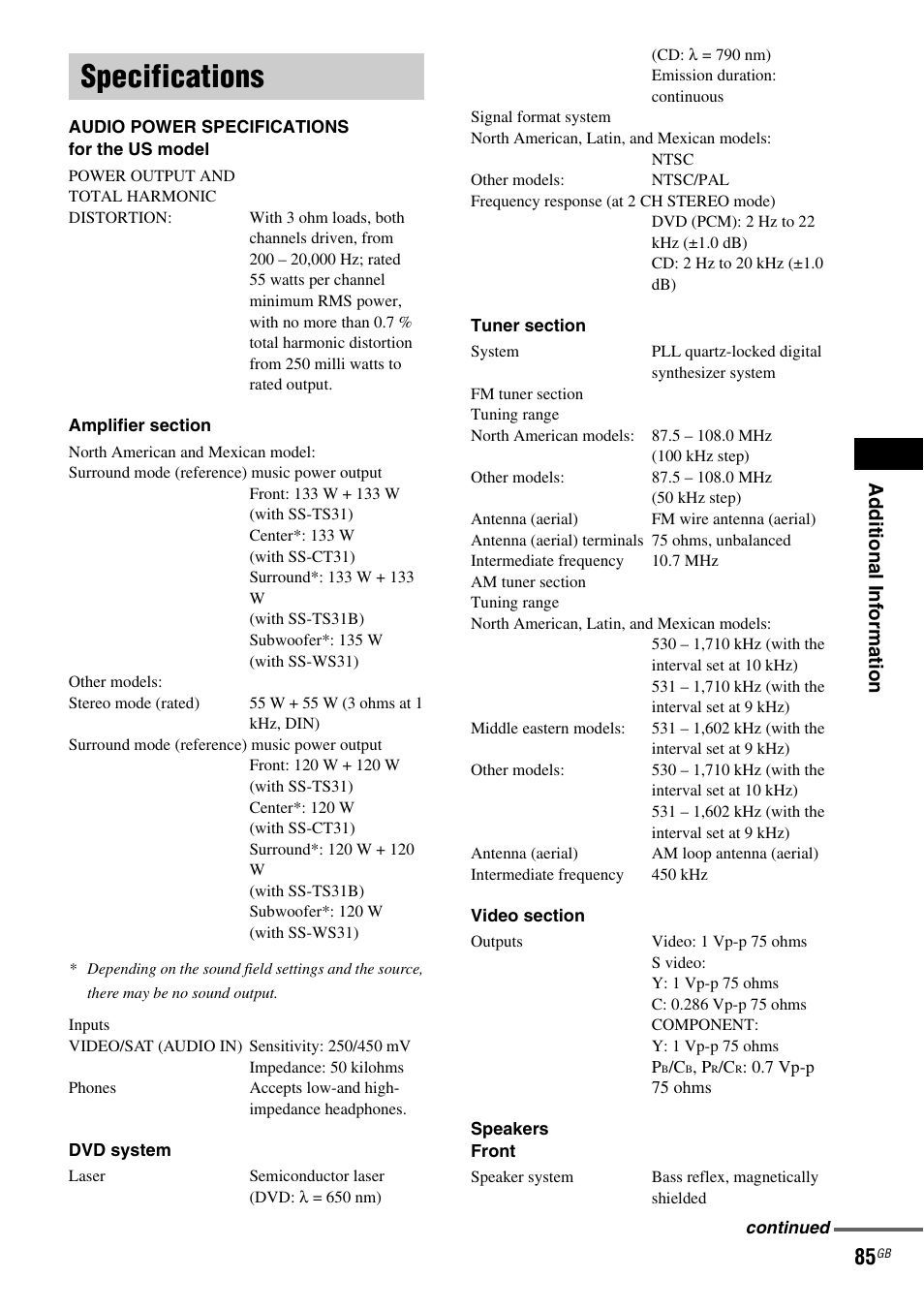 Specifications | Sony DAV-DX150 User Manual | Page 85 / 100