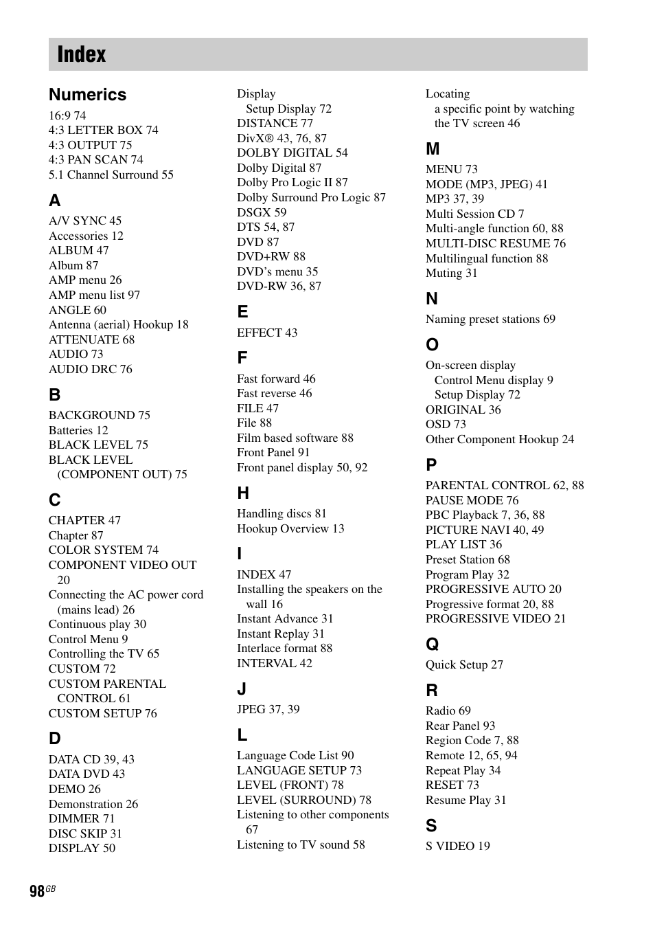 Index, Numerics | Sony DAV-DX150 User Manual | Page 98 / 100