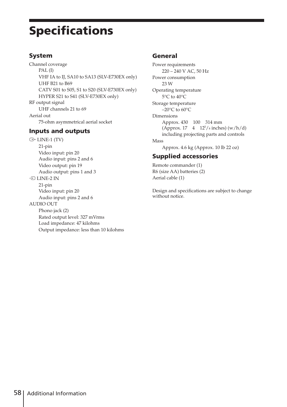 Specifications, System, Inputs and outputs | General, Supplied accessories | Sony SLV-E730EX/UX User Manual | Page 58 / 64