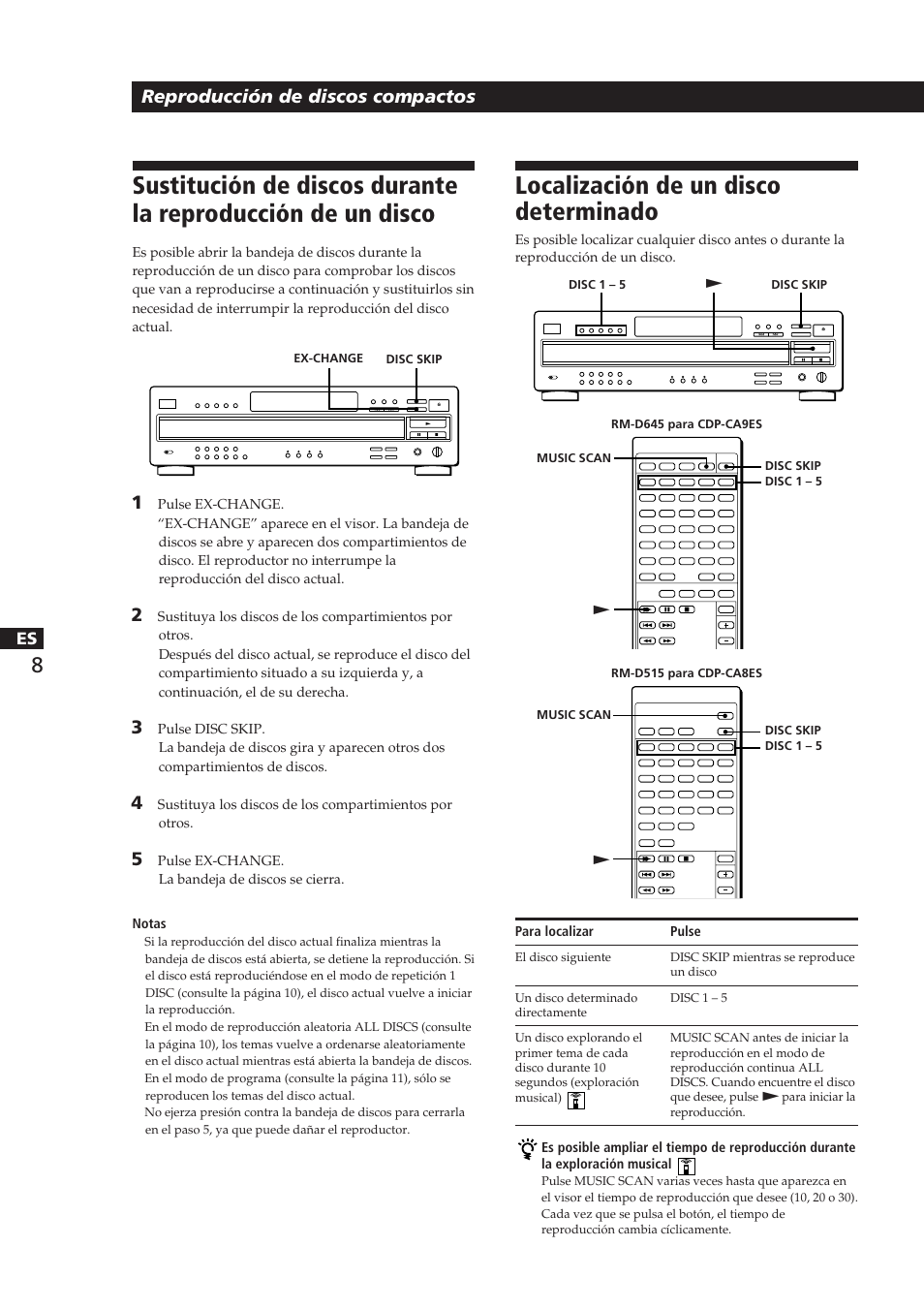 Localización de un disco determinado, Reproducción de discos compactos | Sony CDP-CA8ES User Manual | Page 46 / 58