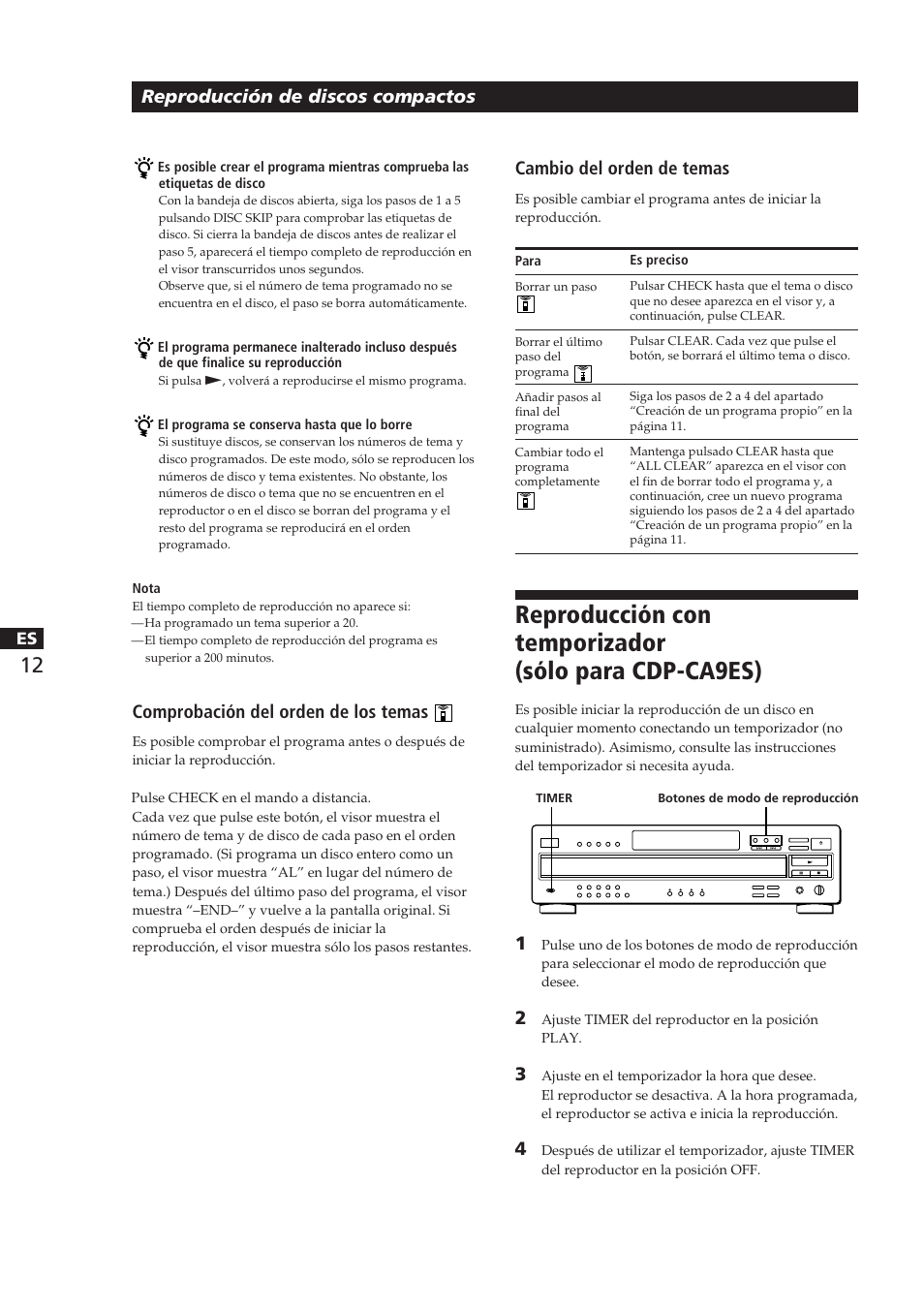 Reproducción de discos compactos, Comprobación del orden de los temas, Cambio del orden de temas | Sony CDP-CA8ES User Manual | Page 50 / 58