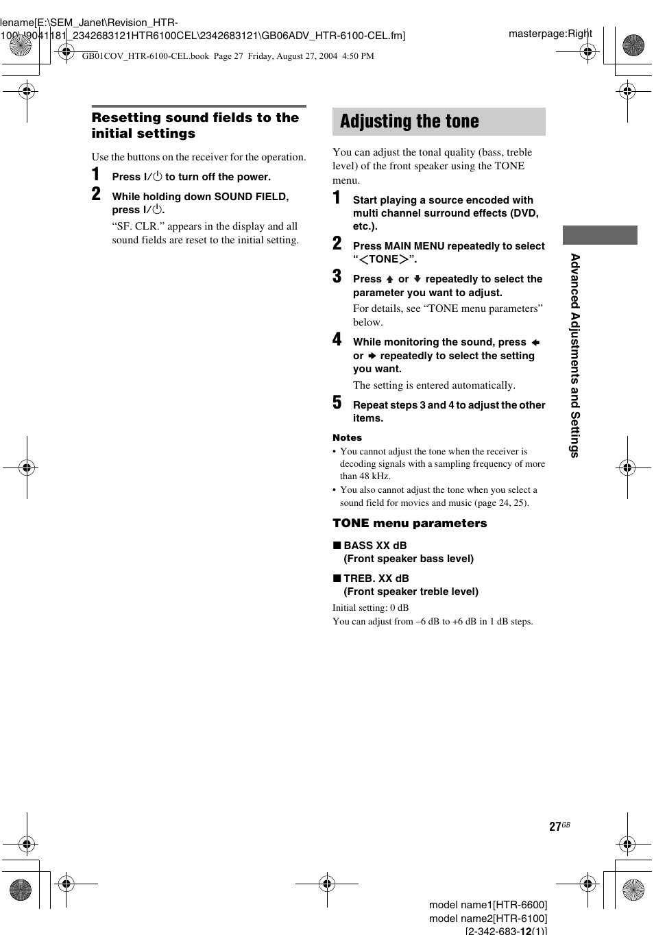 Adjusting the tone | Sony Model HTR-6100 User Manual | Page 27 / 40