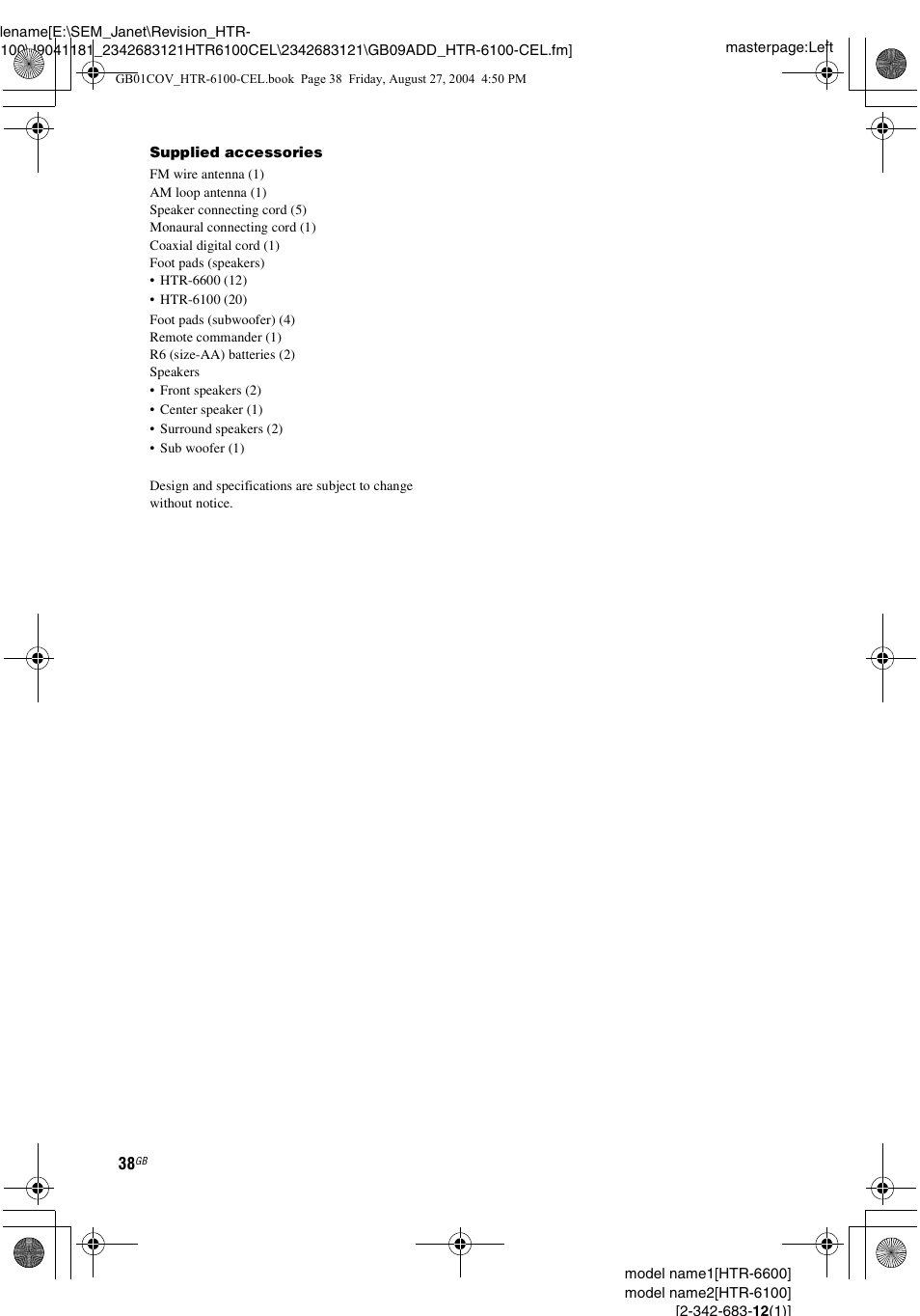 Sony Model HTR-6100 User Manual | Page 38 / 40