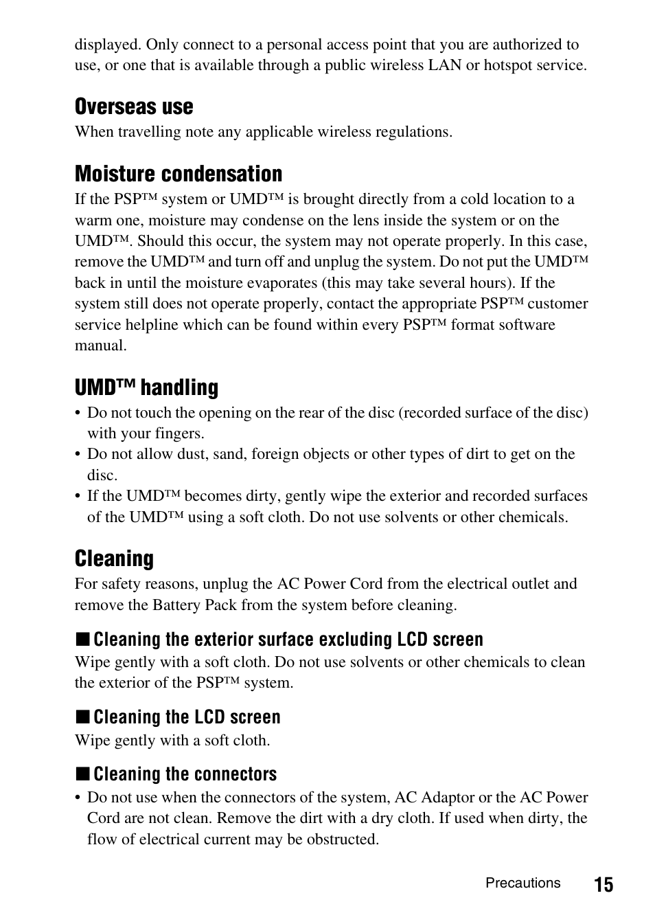 Overseas use, Moisture condensation, Umd™ handling | Cleaning | Sony PSP-1003 User Manual | Page 15 / 148
