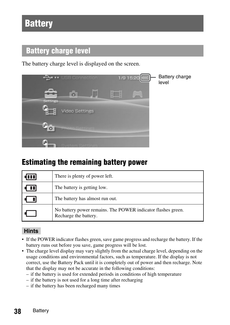 Battery, See "battery, Estimating the remaining battery power | Battery charge level | Sony PSP-1003 User Manual | Page 38 / 148