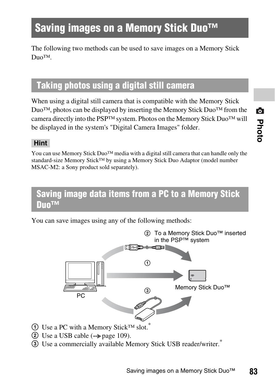 Saving images on a memory stick duo, 83 photo | Sony PSP-1003 User Manual | Page 83 / 148