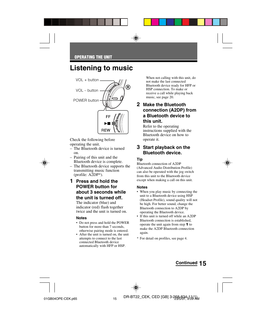 Listening to music | Sony DR BT22 User Manual | Page 15 / 28