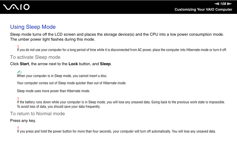 Using sleep mode | Sony VGN-CR100 User Manual | Page 108 / 194