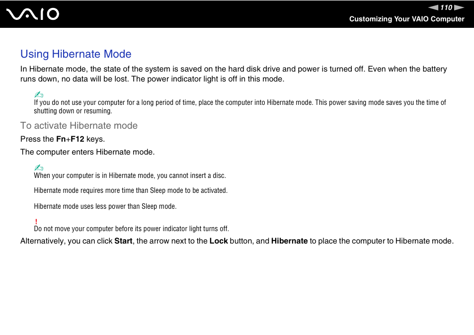 Using hibernate mode | Sony VGN-CR100 User Manual | Page 110 / 194